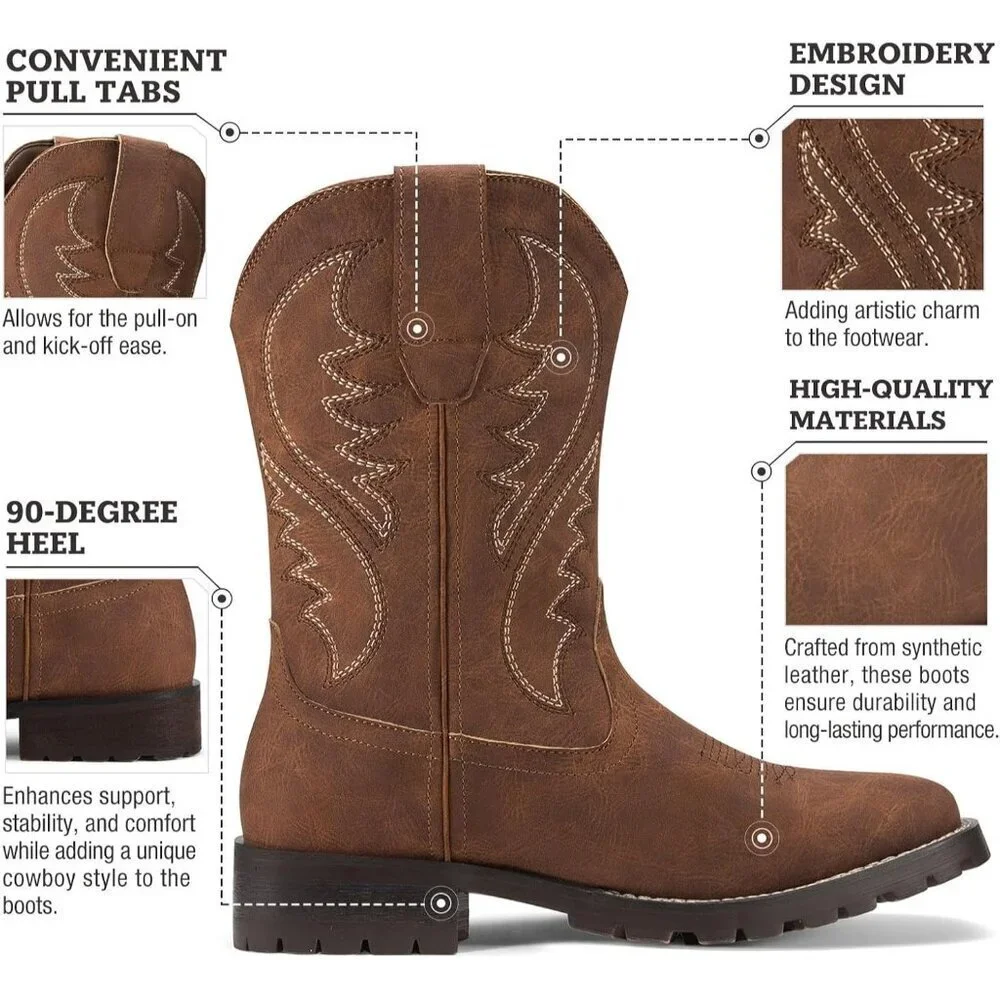 Men's Brown 2 Square Toe Chunky Heel Mid-calf Classic Embroidered Pull On Boots